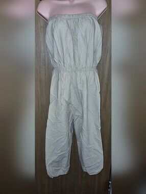 Vintage 80s Tan BEIGE  Strapless Jumpsuit Size L Capri Cotton